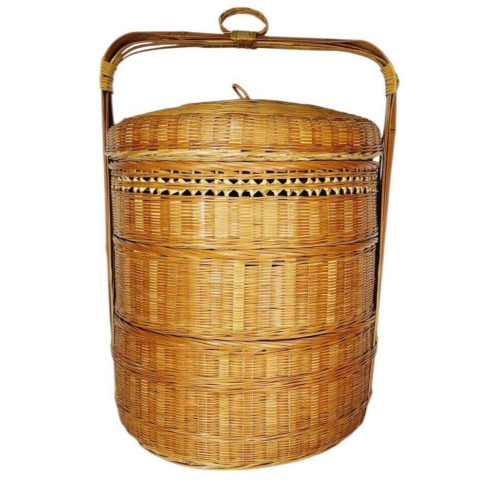 Vintage 1940s Boho Chinese Stacked Wicker Nesting Triple Storage Wedding Basket